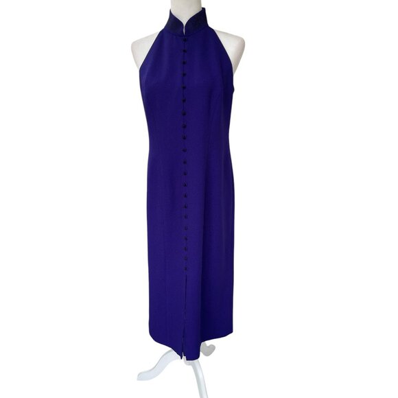 Vintage 90s Dress Cocktail Maxi Liz Claiborne Embroidered Halter Purple - Picture 1 of 8